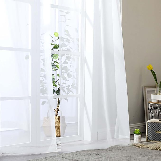 White Sheer Curtains for Bedroom Living Room 45 Inch Length 2 Panels, Soft Airy Light Filtering Small Kitchen Window Curtains, Rod Pocket Short Curtain Drapes, White, 42" Wx45 L Inches