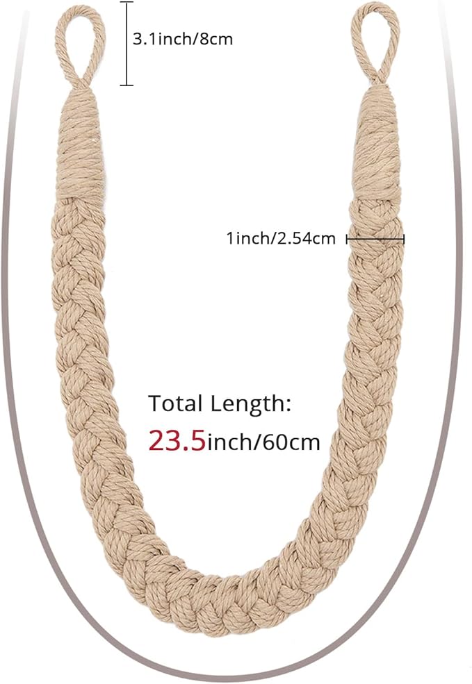 NICEEC 2 Pack Natural Cotton Rope Curtain Tiebacks Elegant Boho Style Decorative Drape Tie Backs Soft Hand-Woven Rope Curtain Holdbacks with Metal Hook for Home & Office Drapery (Dark Beige)