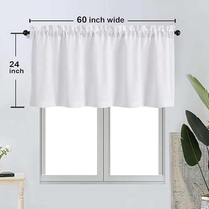 OWENIE Bob 1 PCS White Valances for Windows, Faux Linen Textured Kitchen Window Curtains Valance for Bedroom Living Room, Modern Soft Airy Solid Rod Pocket Bathroom Cafe Curtain, 60Wx24L Inch