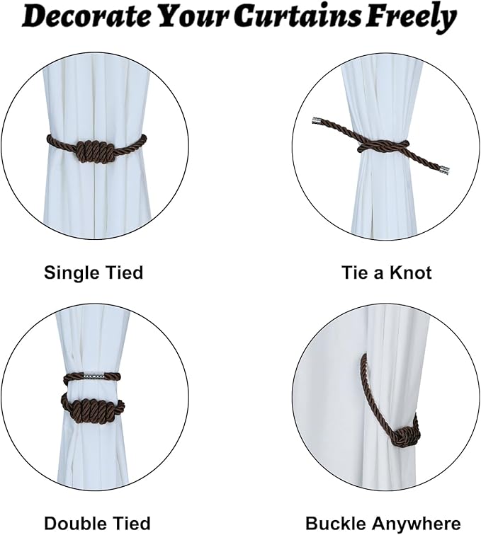 BEL AVENIR Magnetic Curtain Tiebacks, Decorative Drapery Holdbacks Modern Woven Tie-Backs with Exquisite Knot (Coffee, 4 Pack)
