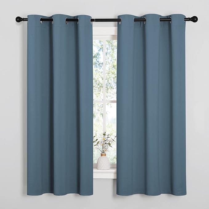 NICETOWN Smoky Blue Blackout Curtains 63 inches Length for Kitchen, 2 Panels, 34" Wide, Thermal Insulated Decoration Drapes for Small Window