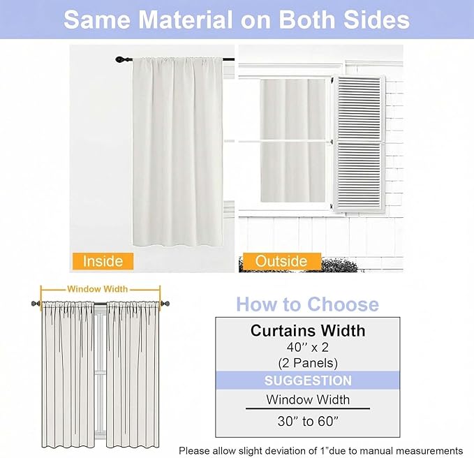 Simplebrand Ava Light Beige Short 36 Inches Light Filtering Curtain 2 Panels Set, Half Window Rod Pocket Privacy Curtain Tiers for Kitchen, Curtains for Bathroom Shades, W40 x L36 Inch, Light Beige