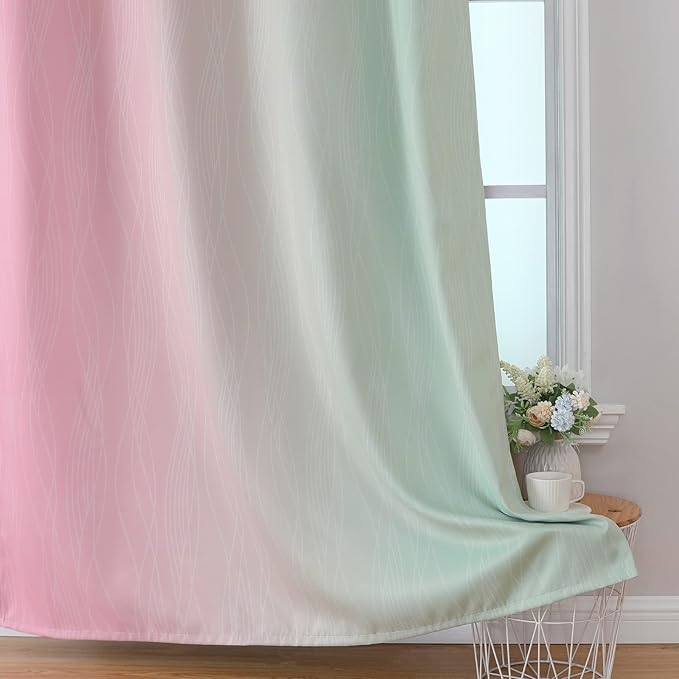 Estelar Textiler Sage Green and Pink Room Darkening Blackout Curtains 84 Inch Length 2 Panels Set for Living Room, Thermal Insulated Ombre Light Blocking Grommet Blackout Drapes for Bedroom, 42Wx84L