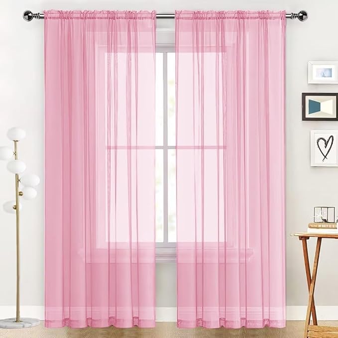 SpaceDresser Sheer Voile Window Treatment Rod Pocket Curtain Panels for Kitchen Bedroom Living Room Drapes Sunlight Filtering Privacy Semi Home Decor Assorted (Light Pink, 52 W x 72 L)