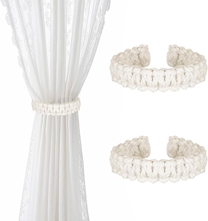 Ptwola 1 Pack Braided Curtain Tiebacks Boho Elegant Rustic Curtain Holdbacks Tie Backs Holders Set Simple Light Weight Drapes Decorative Accessories Handmade for Home Office Bedroom Window (2, White)