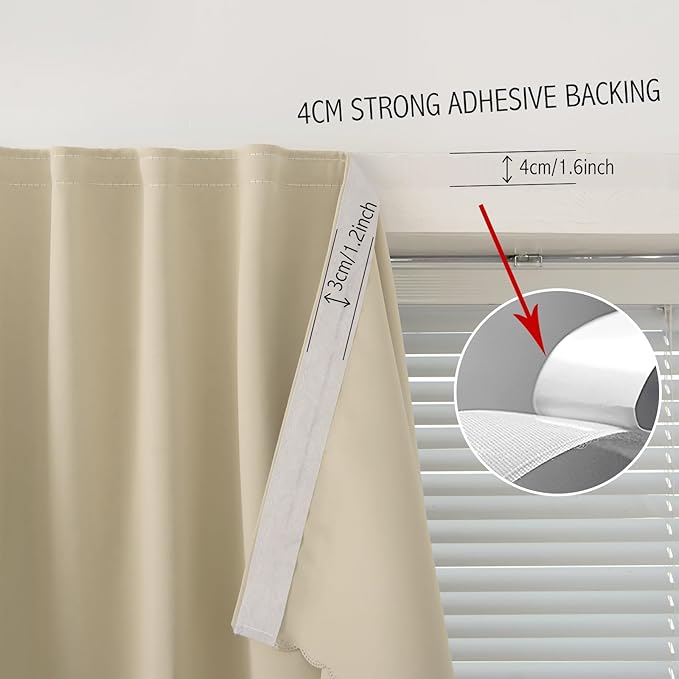 Self Adhesive Portable Blackout Curtains for Bedroom Easy to Install Window Thermal Lnsulated Kitchen Room Darkening Small Window Curtains, Cortinas Para Cuarto, 35"W X 59"L, Beige, 1 Panel