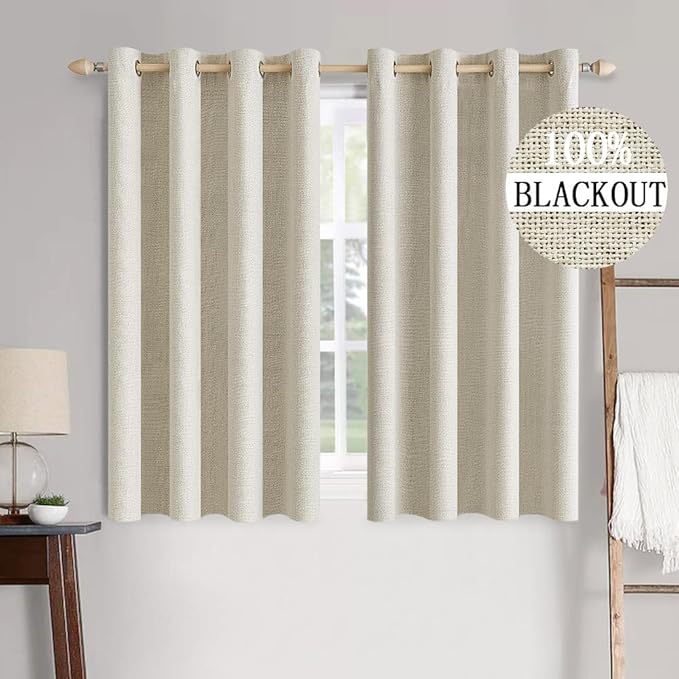 MIULEE 100% Blackout Linen Textured Curtains for Bedroom Solid Thermal Insulated Cream Grommet Room Darkening Curtains & Drapes Luxury Decor for Living Room Nursery 52 x 63 Inch (2 Panels)