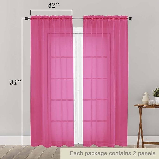 Hot Pink Sheer Curtains 84 Inches Long 2 Panels Set for Bedroom Living Room, Soft Airy Light Filtering Modern Solid Rod Pocket Drapes Window Treatments, Hot Pink, Each 42" W x 84" L