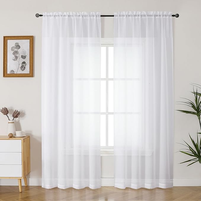 Gwine White Sheer Curtains 90 Inches Long 2 Panels Set, Light Filtering Solid Filmy Drapes for Living Room Bedroom, Elegant Soft Rod Pocket Voile Sheer Window Curtains, 42Wx90L Inch, 2PCS, White