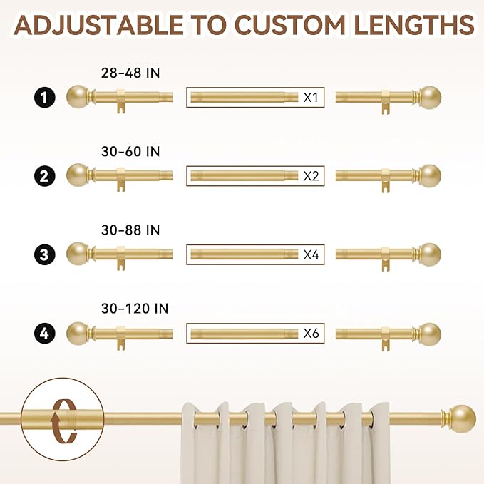 Gold Curtain Rod for Windows 28 to 48 Inch,2 Pack 5/8 Inch Diameter Adjustable Rod With Brackets,Heavy Duty Easy to Install Outdoor Curtain Rods for Bedroom,Patio