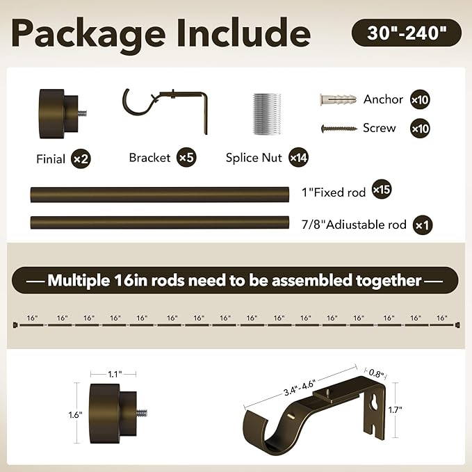 Extra Long Curtain Rods for Windows 32 to 240 Inch, 1 Inch Bronze Heavy Duty Curtain Rods for Patio, Farmhouse, Bedroom, Living Room, Adjustable Metal Drapery Rod (A1,Bronze,32"-240")