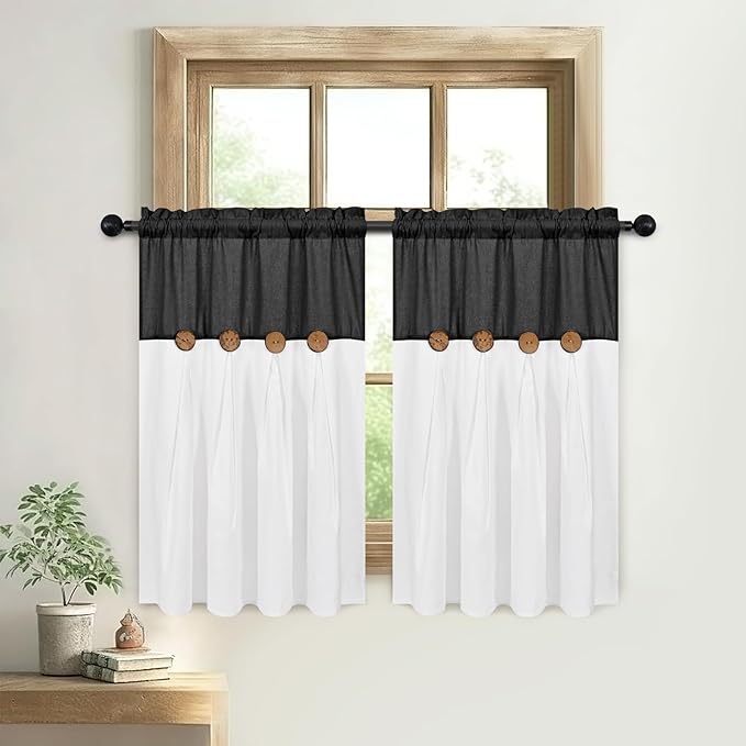 Boho Kitchen Curtains 36 Inch Length, Farmhouse Cotton Linen Tier Curtains, Rustic Button Short Curtains for Windows, Black Country Cafe Curtains, Rod Pocket Small Window Curtains for Kitchen, 26x36