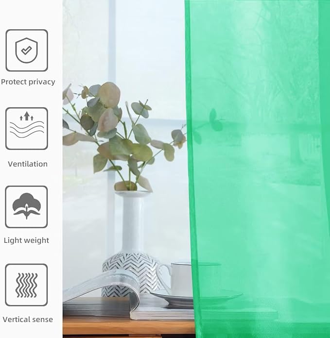 youleyar Solid Sheer Rod Pocket Curtain Voile Draperies 2 Panels White Beige Black Grey Coffee 52 Inch Width 63 Inch Long 1 Pair for Kitchen Bedroom Children Living Room Yard (Grass Green,52Wｘ63L)