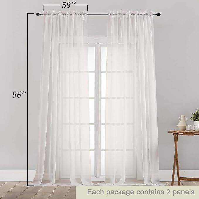 Ivory Sheer Curtains for Bedroom Living Room 96 Inches Long 2 Panels, Modern Airy Soft Lightweight Rod Pocket Light Filtering Sheer Curtains Drapes, Ivory, Each 59" Wx96 L Inch