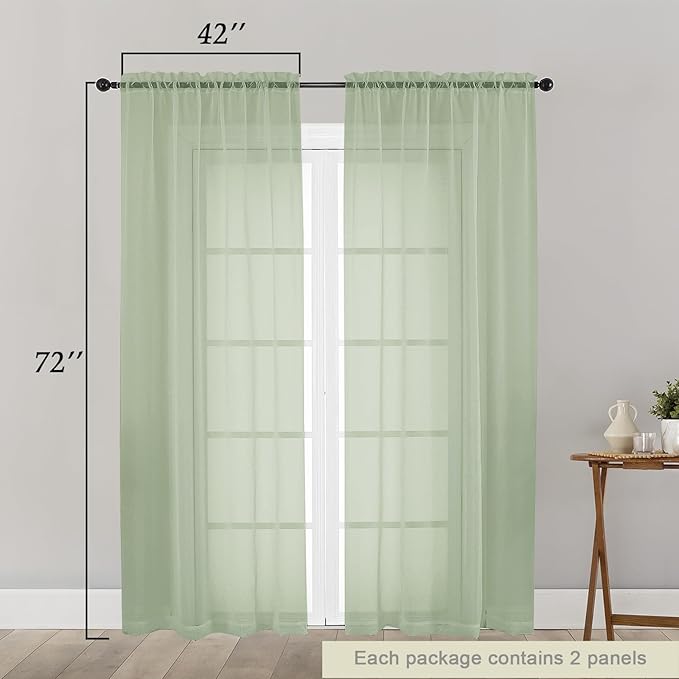 Light Green Sheer Curtain for Bedroom Living Room 72 Inches Long 2 Panels Set, Solid Soft Airy Light Filtering Sheer Window Curtains, Modern Rod Pocket Door Curtain, 42" Wx72 L Inches