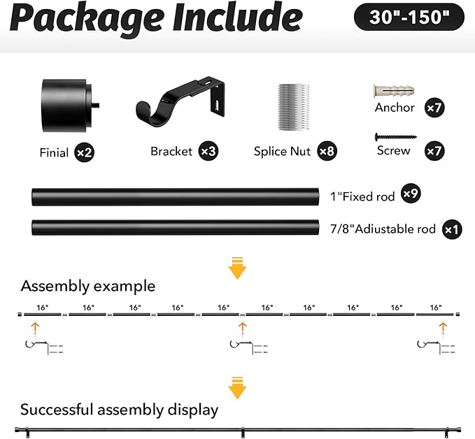 GEEBOBO Black Curtain Rods for Windows 72 to 144 Inch, 1 Inch Adjustable Heavy Duty Easy Install Curtain Rods Set for Outdoor, Patio, Farmhouse, Bedroom, Living Room (Black, 30"-150")