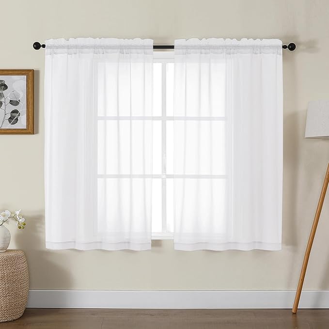 Gwine White Sheer Kitchen Curtains 36 Inch Length, Light Filtering Voile Soft Airy Small Cafe Curtains, Short Window Curtain for Bathroom Basement, 42x36 inch, 2PCS