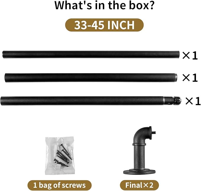 Industrial Curtain Rods for Windows 28 to 48 Inches, Blackout Wrap Around Curtain Rod, for Indoor and Outdoor, 7/8 Inch Diameter, 33 to 45 Inches, Black