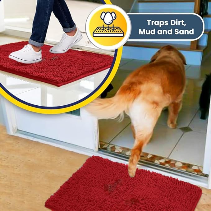 Muddy Mat® | Super Absorbent Door Mat Indoor, Microfiber Quick Dry Chenille Entryway Rug, Non-Slip Front Door Mat, Indoor Mats for Entryway, Machine Washable Pet Rug, Red 16"x24"