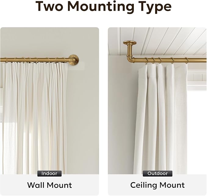 Zeerobee Curtain Rods for Windows 66 to 120, 1 Inch Industrial Wrap Around Warm Gold Curtain Rod, Indoor/Outdoor Room Divider Adjustable Drapery Pole, 66"-120"