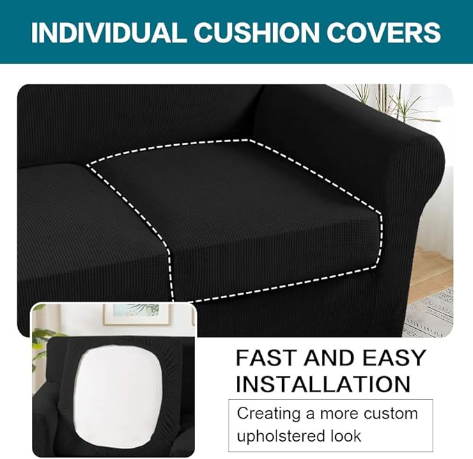 Turquoize 4 Piece Sofa Covers for 3 Cushion Couch Sofa Slipcover Soft Couch Cover for Dogs-Washable Sofa Furniture Covers with 3 Individual Large Cushion Covers (XL Sofa, Black)