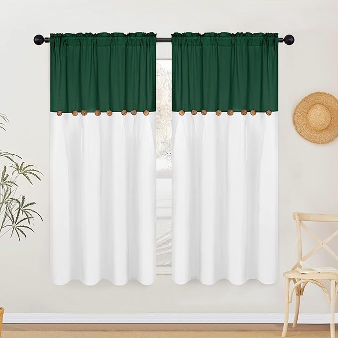 FRAMICS Farmhouse Cotton Linen Curtains for Living Room, Boho Button Curtains 63 inch Length, Rustic Country Linen Window Curtains for Bedroom, Rod Pocket Drapes, 52 x 63 Inch, Green and White