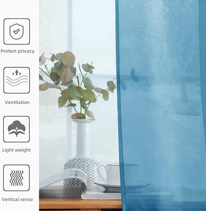 youleyar Solid Sheer Rod Pocket Curtain Voile Draperies 2 Panels White Beige Black Grey Ivory 52 Inch Width 45 Inch Long 1 Pair for Kitchen Bedroom Children Living Room Yard (Blue,52Wｘ45L)
