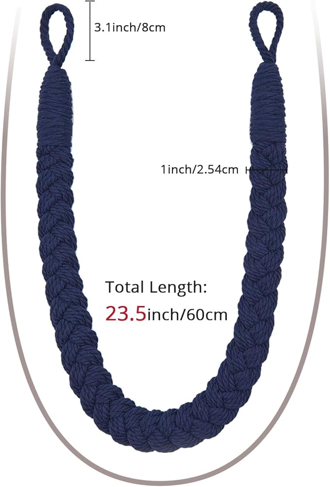 NICEEC 2 Pack Natural Cotton Rope Curtain Tiebacks Elegant Boho Style Decorative Drape Tie Backs Soft Hand-Woven Rope Curtain Holdbacks with Metal Hook for Home & Office Drapery (Dark Blue)