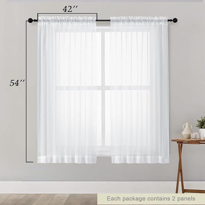 Sheer White Curtains for Bedroom Living Room 54 Inch Length 2 Panels Set, Solid Soft Airy Light Filtering Window Treatments, Modern Rod Pocket Drapes, White, 42" Wx54 L Inches