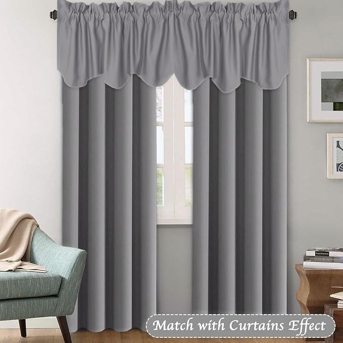 H.VERSAILTEX 4 Panels Blackout Curtain Valances for Kitchen Windows/Living Room/Bathroom Privacy Protection Rod Pocket Decoration Scalloped Window Valance Curtains, 52" W x 18" L, Dove Gray