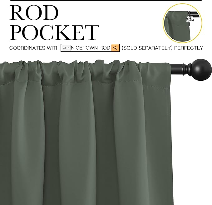 NICETOWN Bedroom Curtains Blackout Draperies - All Season Thermal Insulated Solid Rod Pocket Top Blackout Curtains/Drapes for Kid's Room (Dark Mallard, 1 Pair, 52 x 95 Inch)