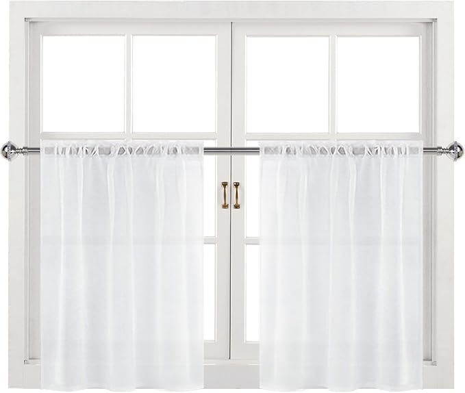 DWCN White Sheer Curtains for Kitchen Windows - Rod Pocket Semi Transparent Voile Tier Curtains for Bedroom, Living Room, Farmhouse, 36 x 36 inches Long, Set of 2 Panels
