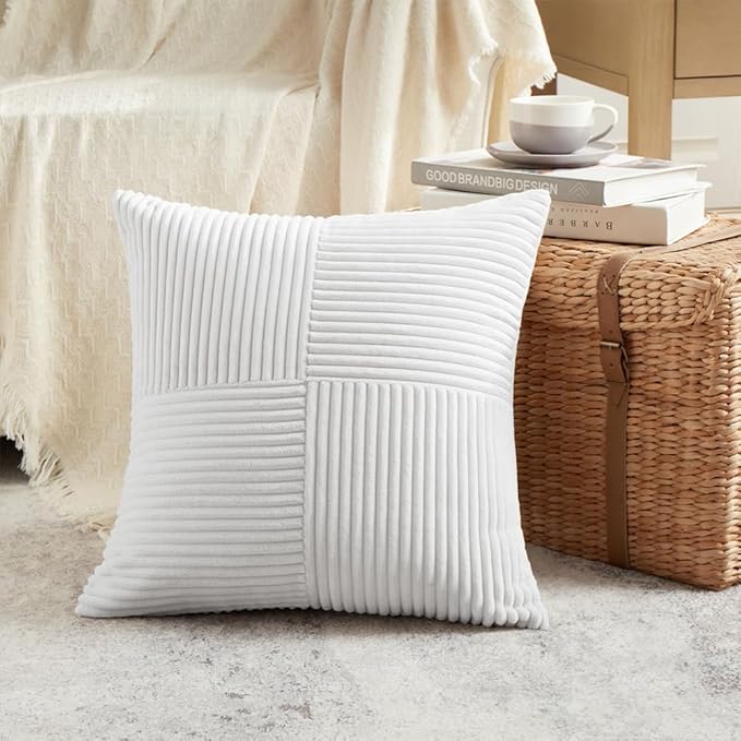 Fancy Homi 2 Packs White Samll Decorative Throw Pillow Covers 12x12 Inch with for Couch Bed Sofa, Rustic Farmhouse Boho Home Decor, Soft Corss Patchwork Corduroy Square Cushion Case 30x30 cm