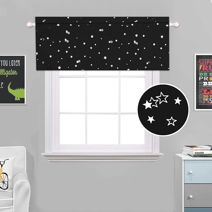H.VERSAILTEX Blackout Curtain Valances for Kitchen Window/Living Room/Bathroom Privacy Added Rod Pocket Home Decoration Winow Valance, 52" W x 18" L, Glitter Stars in Black Base (Pack of 4)