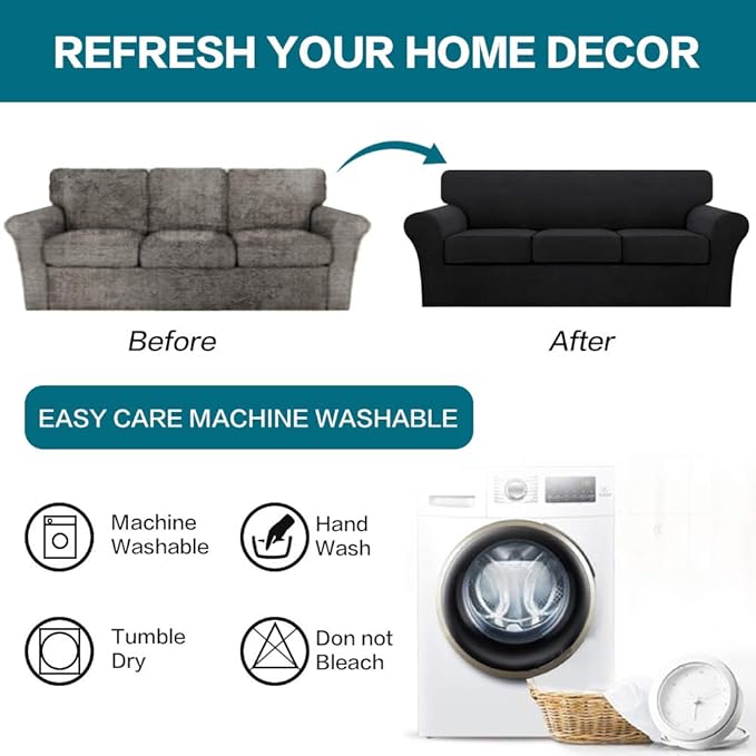 Turquoize 4 Piece Sofa Covers for 3 Cushion Couch Sofa Slipcover Soft Couch Cover for Dogs-Washable Sofa Furniture Covers with 3 Individual Large Cushion Covers (XL Sofa, Black)