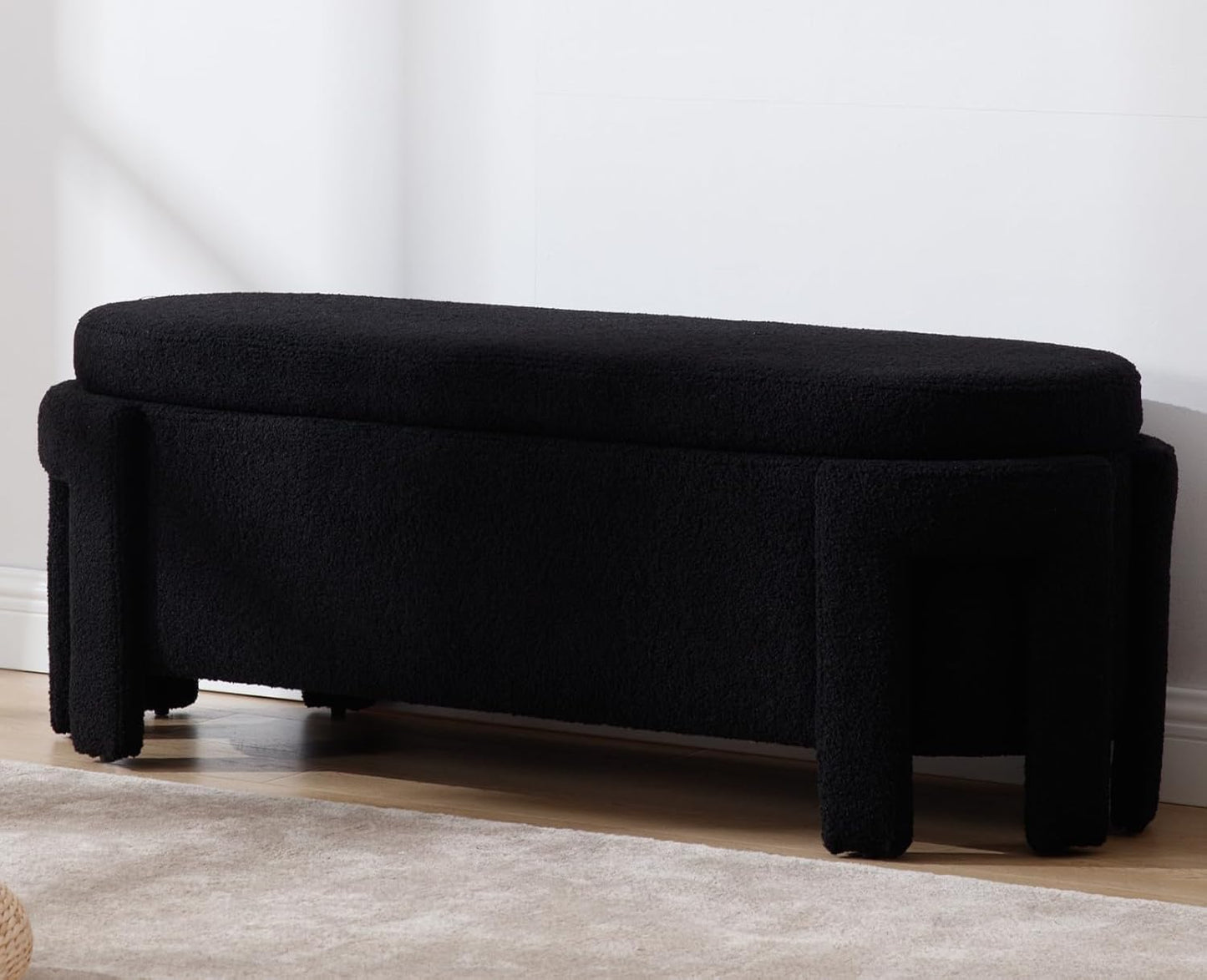 Kmax 50" Storage Ottoman Bench Modern Faux Fur Boucle Entryway Bench Comfy Upholstered End of Bed Bench for Hallway Entrance Bedroom Corner, Black