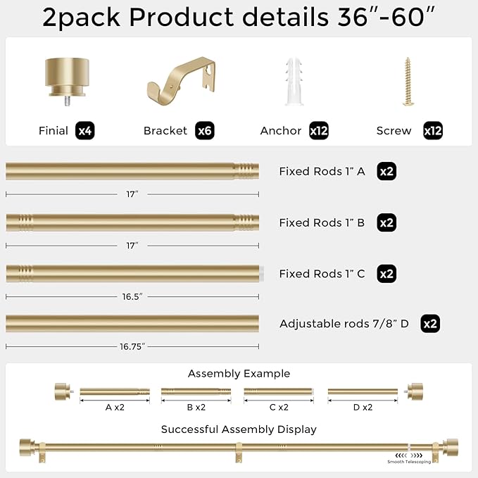 Modern Gold Curtain Rods 2 Pack for Windows 30 to 56 Inch, 1" Diameter Adjustable Heavy Duty Window Curtain Pole with Matte Gold End Cap Finials, Decorative Drapery Rods for Living Room, Bedroom