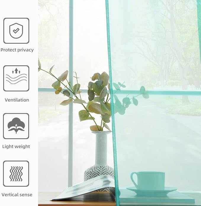 youleyar Solid Sheer Rod Pocket Curtain Voile Draperies 2 Panels White Beige Black Grey Coffee 52 Inch Width 84 Inch Long 1 Pair for Kitchen Bedroom Children Living Room Yard (Turquoise,52Wｘ84L)
