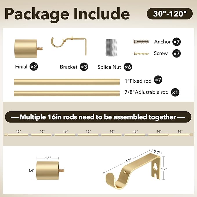 IFELS Heavy Duty Curtain Rods for Windows 66 to 120 Inch, 1 Inch Gold Curtain Rod Adjustable, Decorative Long Curtains Rods with Metal Finials, Easy Installation and Modern Design (A2,Gold,30"-120")