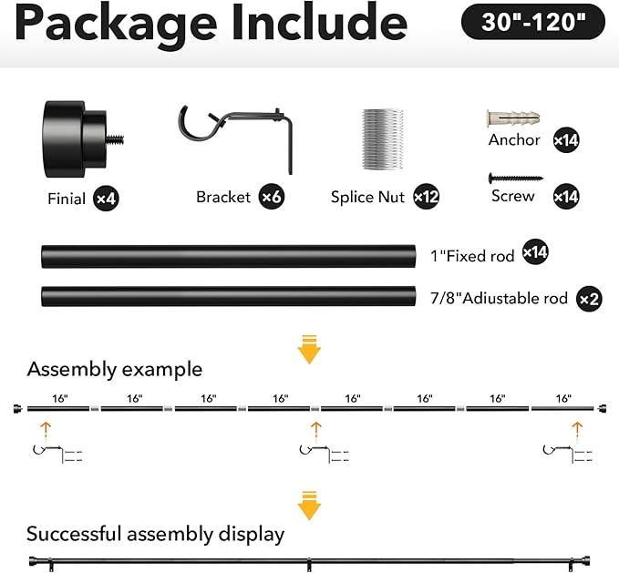 IFELS 2 Pack Heavy Duty Curtain Rods for Windows 66 to 120 Inch, 1 Inch Black Adjustable Curtain Rod Set with Easy Installation and Modern Design (A1,Black,30-120",2Pack)