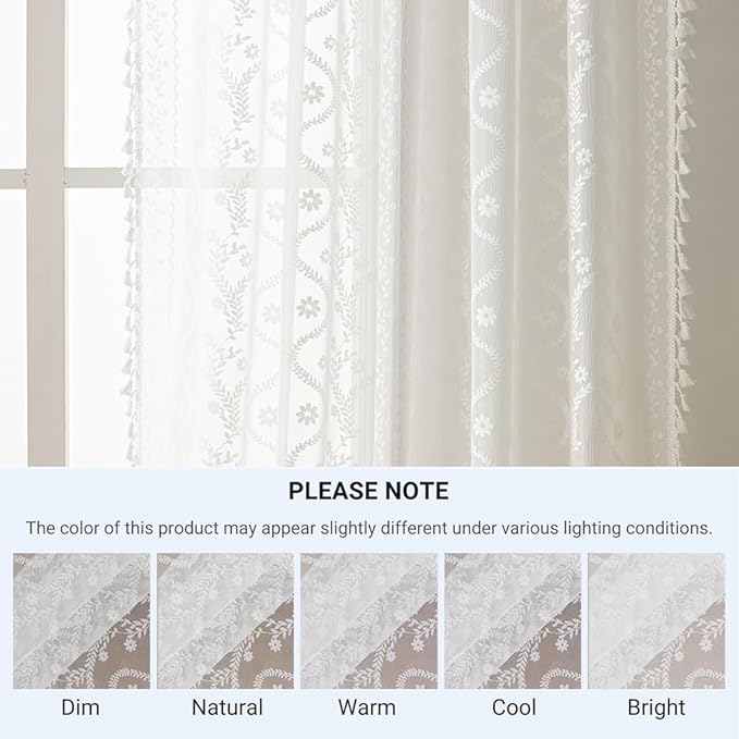 WAZZIO White Boho Lace Curtains 84 Inch -Cute Vintage Victorian Sheer Panel Drape French Country Floral Pattern & Tassel Light Filtering Privacy for Bedroom Dining Living Room,2 Panels,W52 x 84L