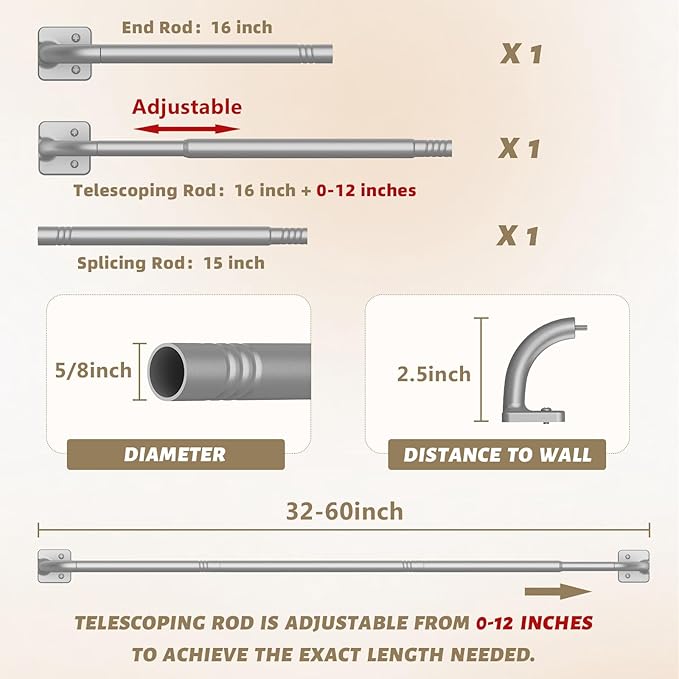 UIOSANRT Curtain Rods for Windows 32 to 60 inch, 5/8" Diameter Silver Ceiling Mount Warp Around Long Curtain Rod for Bedroom Living Room