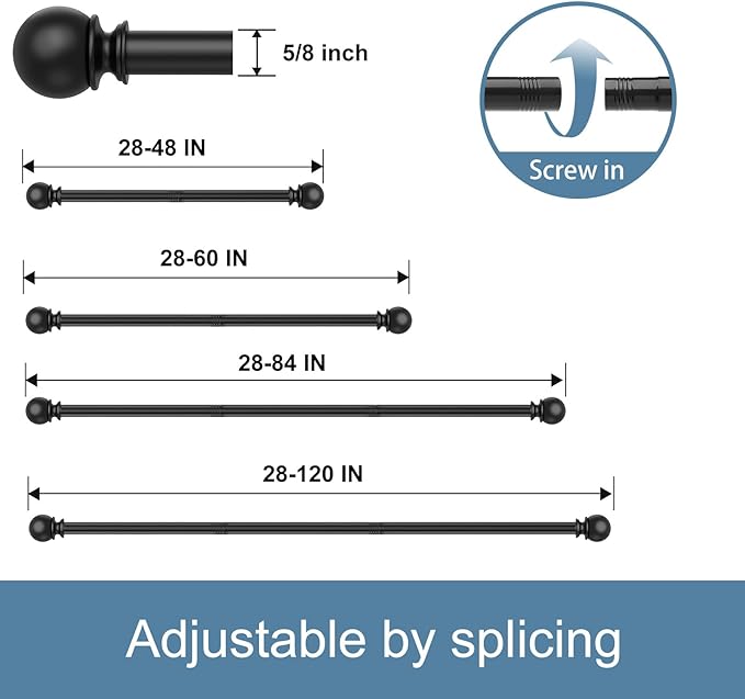 Black Curtain Rods for Windows 28 to 48 Inch,5/8 Inch Diameter Stainless Steel Adjustable Heavy Duty Curtain Rod with Brackets, Easy Installation for Indoor and Outdoor