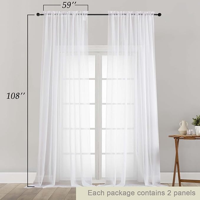 Extra Long Sheer White Curtains for Bedroom Living Room 108 Inches Long 2 Panels Set, Solid Soft Light Filtering Rod Pocket Sheer Window Curtains, White, Each 59" Wx108 L Inch