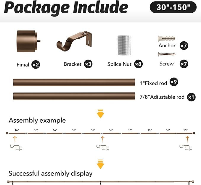 GEEBOBO Bronze Curtain Rods for Windows 72 to 144 Inch, 1 Inch Long Adjustable Heavy Duty Easy Install Curtain Rods Set for Outdoor, Farmhouse, Bedroom, Living Room (Bronze, 30"-150")