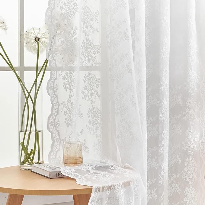 YJ YANJUN Vintage Lace Curtains 120 Inches Long-Victorian Floral Pattern White Sheer Curtain Panels for High Ceiling to Floor Large Windows, Light Filtering, 10 Foot Drapes Privacy W52xL120 10 FT