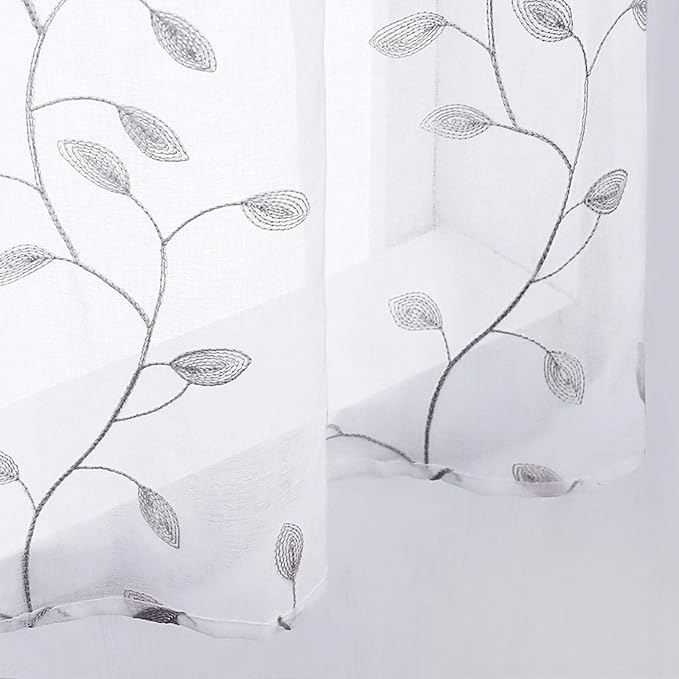 MRTREES Sheer Voile Curtain Valances 2 Panels, Leaves Embroidered Valance Curtains Rod Pocket, Small Sheer Window Curtains Treatment for Bedroom/Living Room/Kitchen/Basement(Grey Leaves, 54x16 Inches)