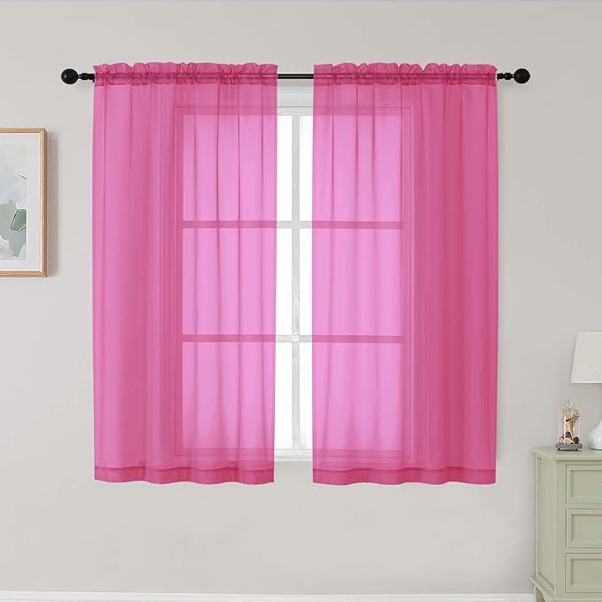 Hot Pink Sheer Curtains for Bedroom Living Room 45 Inch Length 2 Panels, Soft Airy Light Filtering Small Kitchen Window Curtains, Rod Pocket Short Curtain Drapes, Hot Pink, 42" Wx45 L Inches