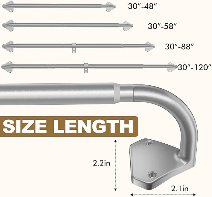 GXOACKJ Silver Curtain Rods for Windows 66 to 120 inch, 5/8 inch Adjustable Wrap Around Blackout Curtain Rods for Bedroom & Outdoor