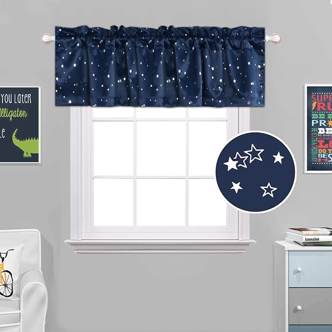 H.VERSAILTEX Blackout Curtain Valances for Kitchen Window/Living Room/Bathroom Privacy Added Rod Pocket Home Decoration Winow Valance, 52" W x 18" L, Glitter Stars in Navy Base
